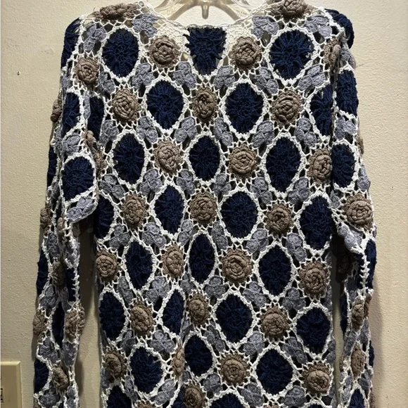 Express Blue and White Cropped Embellished Blouse - Picture 3 of 3